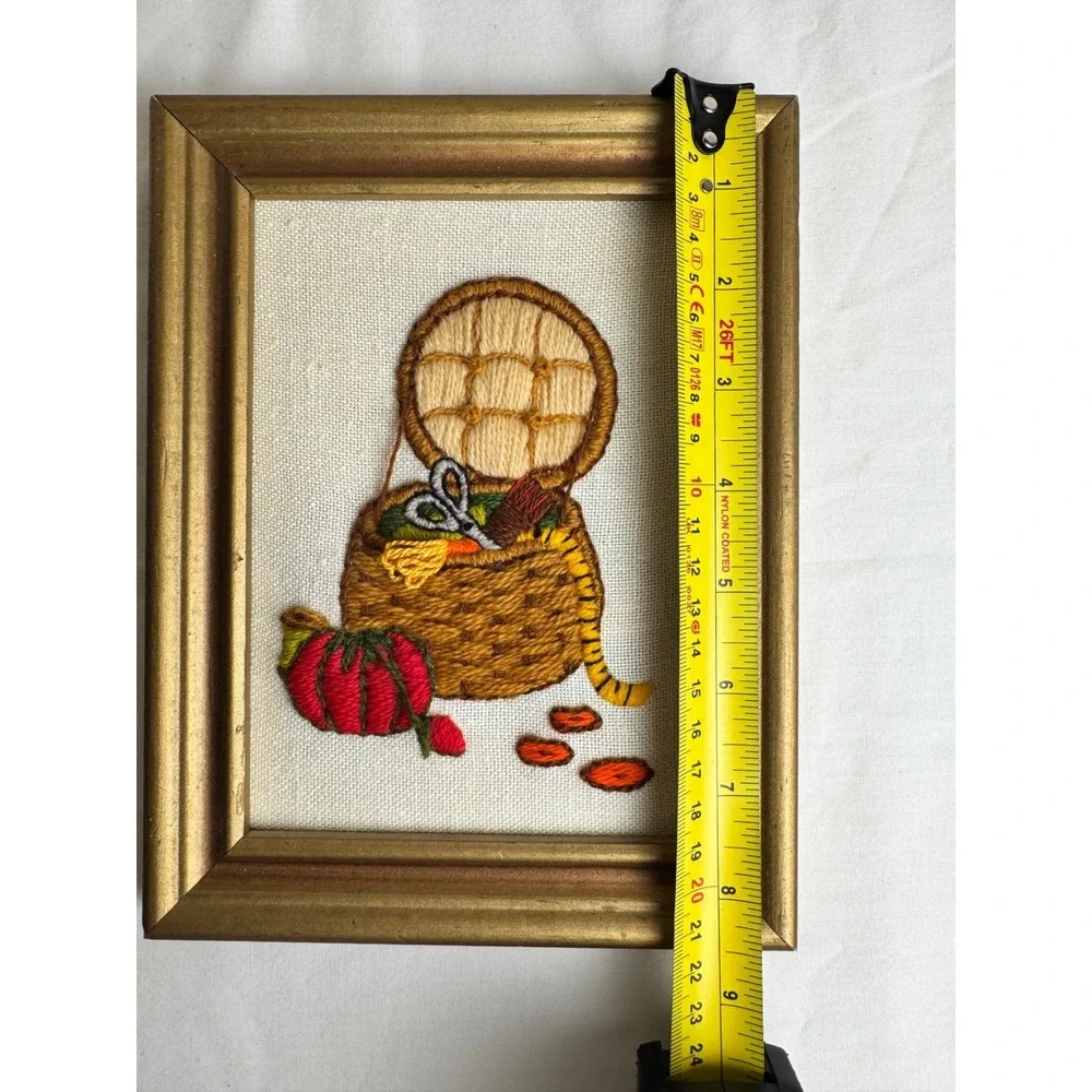 Vintage Framed Crewel Embroidery‎ Art Grandmacore Sewing Room Basket Handmade